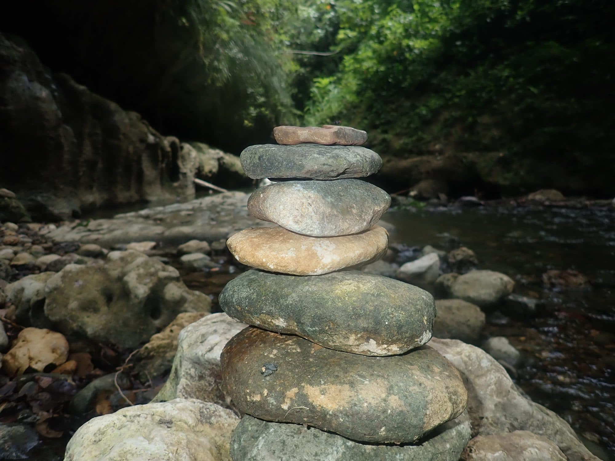 Stacked river stones in a forest stream
